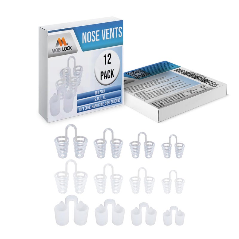 Nose Vent Sinus Relief (Pack of 12 Various Types and Sizes) - A Simple Solution for Nasal Snorers - Reusable Snoring Device to Enjoy a Peaceful Night's Sleep - by Mobi Lock